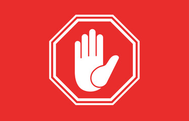 Obraz premium White stop hand symbol on red octagonal background with white border hand gesture prohibition