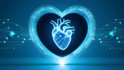 Digital Cardiology: Futuristic Heart Model Illuminated by Central Pulse Within a Techno-Grid Environment