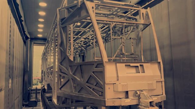 Spray paint shop for tram carriages. Train Paint Booth Painting Chamber For Railway Carriage. Railway Paint Both. Inside of rail car assembly plant, paint shop. Tram workshop production. 