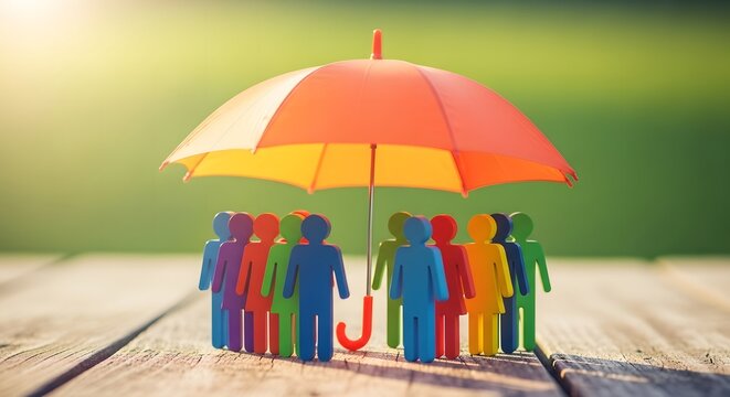 May day workers unity under colorful umbrella symbolizing protection and solidarity