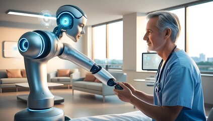 Futuristic Operating Room: Robotic Arm Performing Gentle Patient Care Under Doctor Supervision