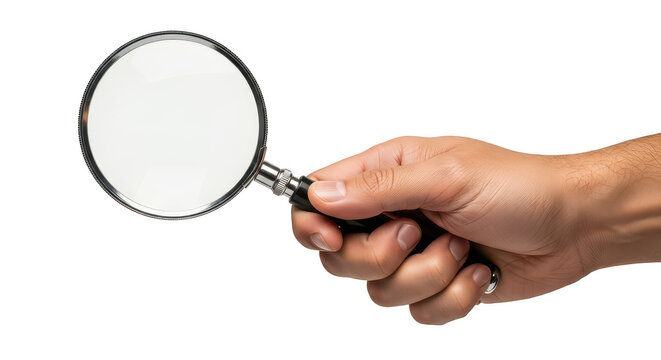 Hand holding magnifying glass search concept on transparent background
