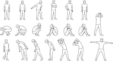 Collection of black and white line drawings showing diverse human postures, exercises, stretches, and movements for body language and fitness reference © Masud