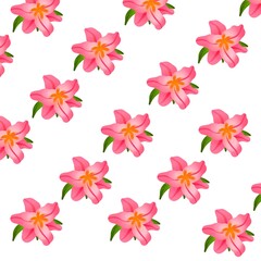 Cute tropical flower seamless pattern with pink blossoms on white background