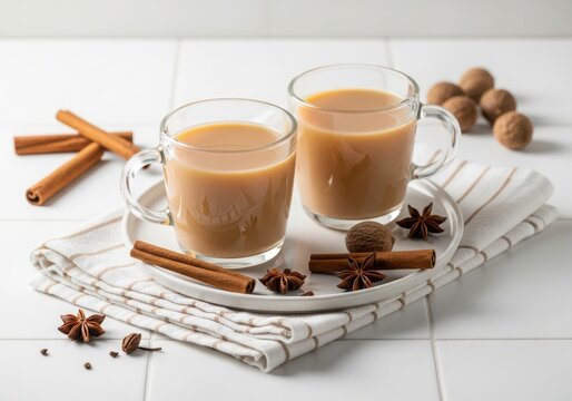 Two glass mugs of warm spiced beverage on a white plate with cinnamon sticks and star anise on a white tiled table