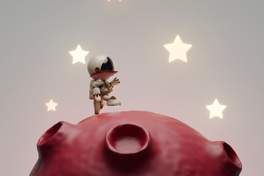 3d cartoon astronaut exploring asteroid with glowing stars in space