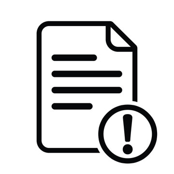 Vector icon of a document with a circular exclamation mark, signifying important notifications, error alerts, urgent reports, priority files, or critical policy warnings.