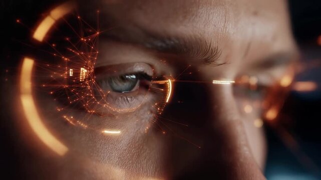 A close up of human eyes reflecting vibrant orange holographic interfaces set against a dark futuristic city ba