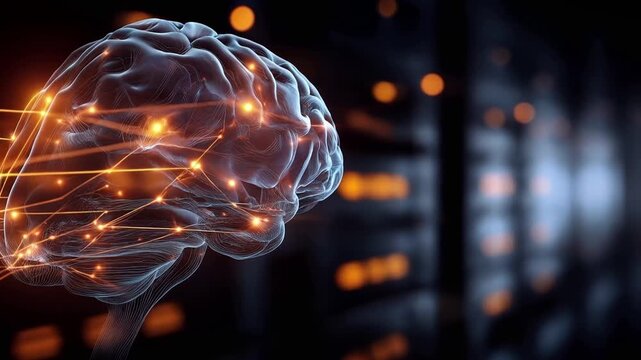 A detailed close up of a human brain with vibrant orange digital connections extending to sleek cloud servers s 76798d8a 2