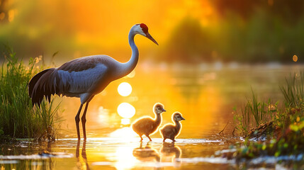 Obraz premium A graceful crane with its chicks wading in bright sunlight at sunrise, set in a peaceful wetland environment