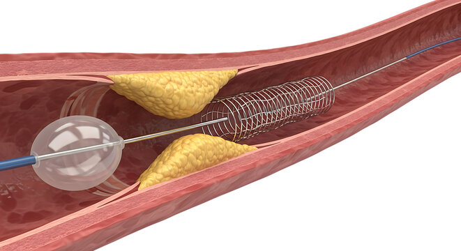Coronary stenting angioplasty with balloon and stent catheter in blood vessel to open plaque