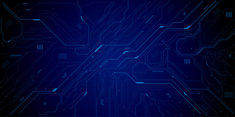Obraz premium Abstract AI circuit board background. Technology connected blue lines with electronics elements on tech bg. Vector futuristic blue wires on a circuit board on a dark technological background.