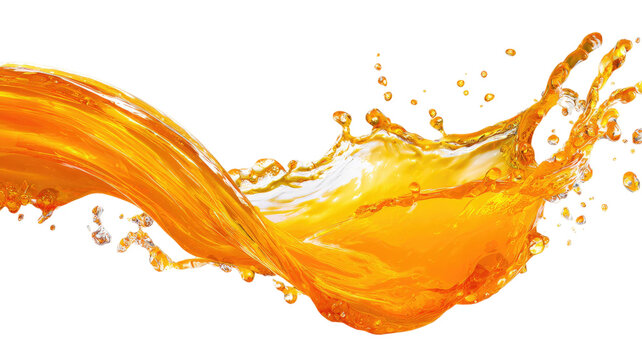 Fresh orange juice splash with dynamic liquid wave motion frozen in air isolated on white background