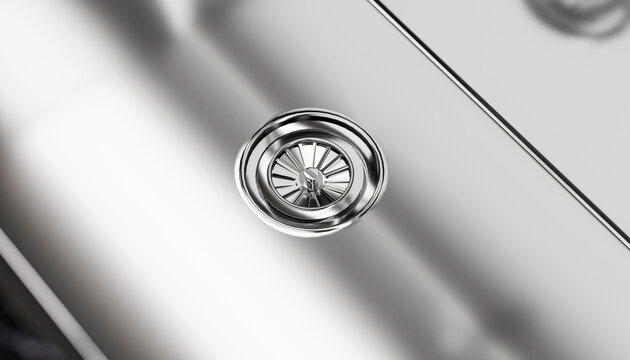 Modern silver kitchen sink drain close up in new interior render
