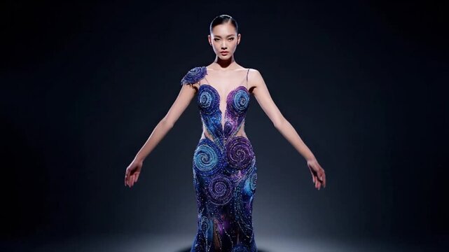 Strikingly beautiful Asian fashion model showcases a vibrant, intricately beaded evening gown with celestial blue and purple spiral patterns on a dark stage.