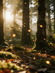 Obraz premium Enchanted forest scene with sunlight filtering through trees, featuring vibrant moss and magical glowing particles. Perfect for nature and tranquility themes.