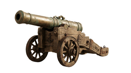 Antique bronze cannon with wooden wheels isolated on transparent background