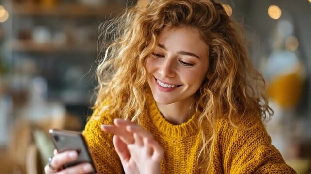 A young woman, with vibrant, curly red hair, beams with happiness as she interacts with her smartphone. This image encapsulates the ease and connectivity of modern technology.