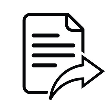 Minimalist document icon with an outgoing curved arrow. Vector illustration symbolizing file sharing, exporting data, sending documents, and content distribution for digital platforms.