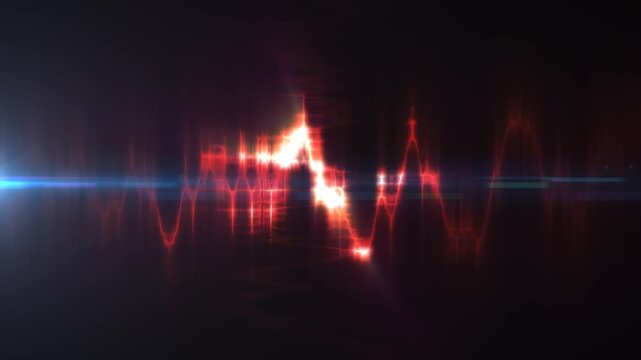 Abstract red glowing waveform with sharp light peaks on a dark background, symbolizing sound energy, data signals, and intense digital motion