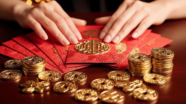 Chinese new year preparation red envelope gold coins celebration luck hands arranging festive joy
