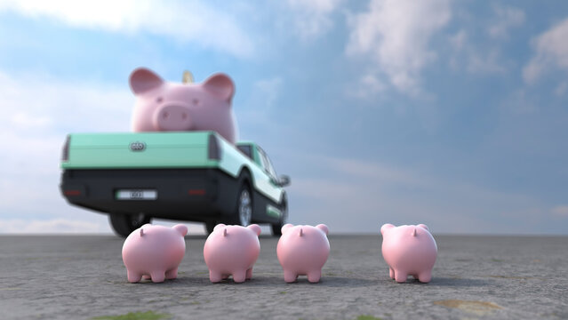 Four piggy banks and car outdoors symbolizing finance and stability