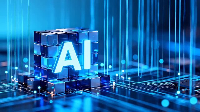 AI technology cube on circuit board