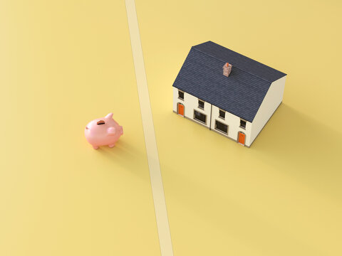 Piggy bank facing house symbolizing saving and financial planning