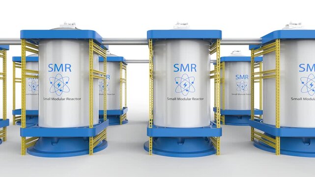 Group of smr or small modular nuclear reactors power plant on white background 4k footage