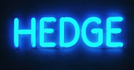 Bright neon sign spells HEDGE. Blue glow contrasts dark background. Simple typography, modern aesthetic, vibrant illumination.