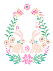 Leaves and Flowers Oval Frame Border with Bunnies, Hearts, Flowers and Patterns. Easter and spring elements. Vector illustration in flat style. Happy Easter