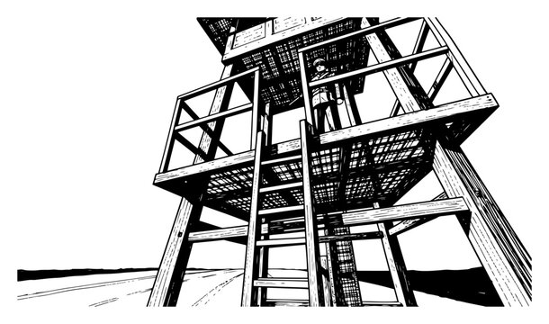 Low angle view of a wooden military watchtower with a guard standing on the platform