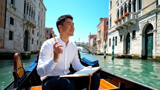 Man writing in notebook on gondola. Man smile while gliding down venice canal. Tourist travel by boat past ornate building. Notebook captures travel memory during ride. Bridge frames canal view now.