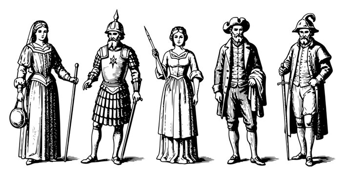 Collection of standing figures wearing various historical costumes and armor