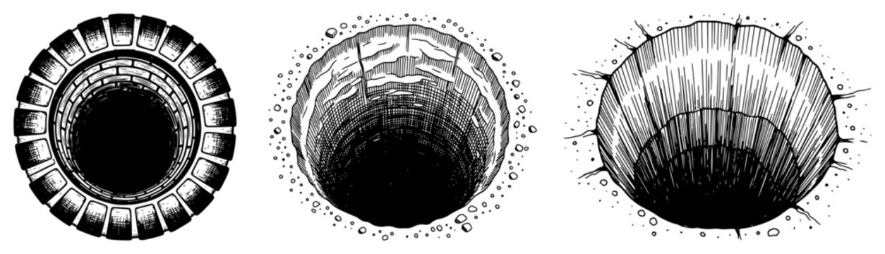Collection of deep circular holes and stone wells in the ground in vintage woodcut style