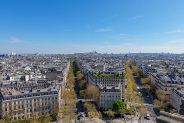 Obraz premium Panoramic Paris view in spring with tree-lined boulevard, classic rooftops, and Sacre-Coeur on Montmartre, clear sky highlighting calm city atmosphere