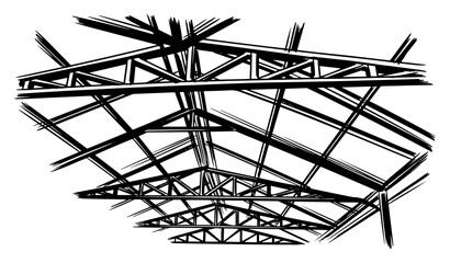 Low angle view of a large industrial steel roof truss structure in woodcut style © AnjaliDesai