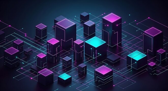 Abstract digital cityscape with glowing cubes and circuitry