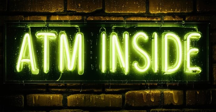 Bright neon sign displays ATM INSIDE against brick wall. Dark background emphasizes glowing text, creating dramatic effect.