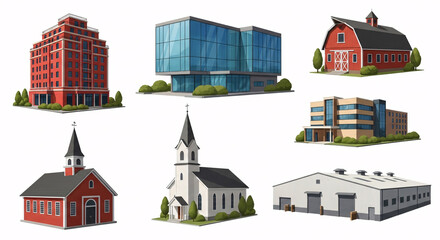 Naklejka premium A collection of stylized illustrations of various buildings, including residential, commercial, religious, and industrial structures.