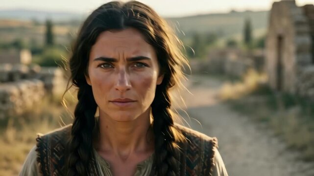 Close-up of Biblical Ruth Walking with Determination and Faithful Expression in Countryside Natural Light