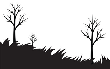 Obraz premium Silhouette of bare trees on a hill with grass against a white background