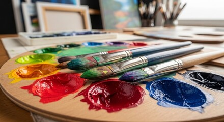 Obraz premium Artist paint brushes with wet colorful acrylic paints on wooden palette in bright art studio workspace