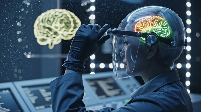 Person uses brain headset showing neural activity in lab. Brain scanning technology displays glowing neural patterns. Person wears headset with brain hologram. Neural scanning in futuristic lab.