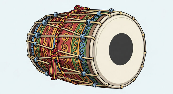 Vibrant indian tabla drum with colorful patterns and white head on light background