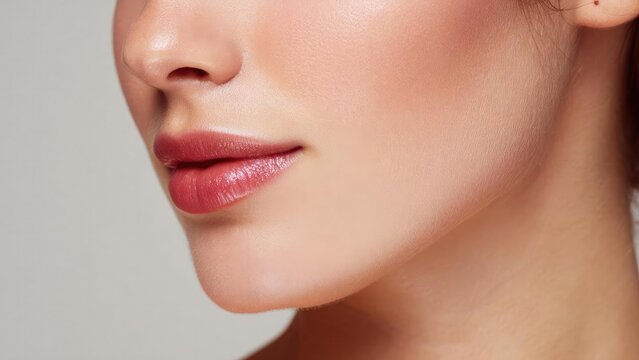 Close-up of a woman's lower face with glossy pink lips, smooth skin and a defined jawline. Concept Glossy pink lips close-up, Smooth skin, Defined jawline, Beauty portrait, Soft lighting