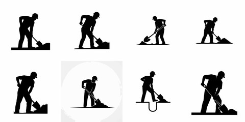 Fototapeta premium Collection of 8 black silhouettes of construction workers or laborers using shovels to dig or move dirt, representing manual work, excavation, and groundwork.