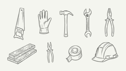 Collection of hand-drawn construction and DIY tools, safety gear, and materials