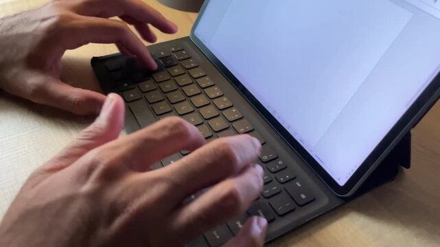 Close up of a tablet with a keyboard case on a wooden desk