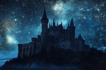 Obraz premium Majestic castle silhouette against a starry night sky in a mystical landscape